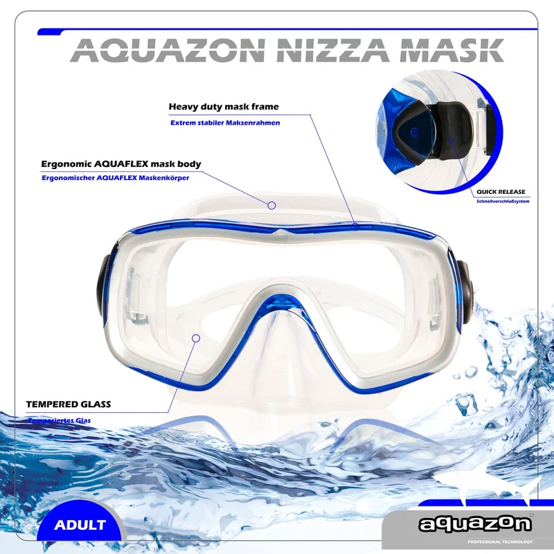 NIZZA, Schnorchelbrille für Erwachsene Tempered Glas, Silikon