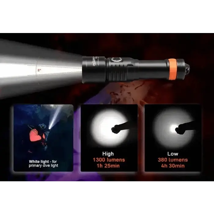 OrcaTorch - D530 Spot Tauchlampe Set, 2 Akkus, 1300 Lumen, 8 Grad