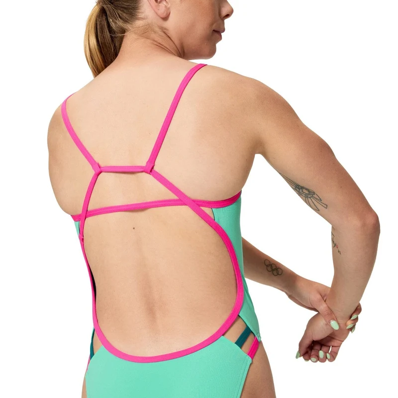 Women's Club Training Solid Tri Back Swimsuit - Turquoise/Pink