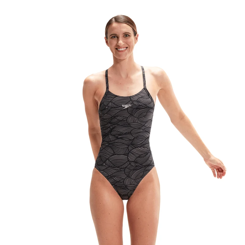 Speedo Fixed Crossback Womens Swimsuit - Black/Grey