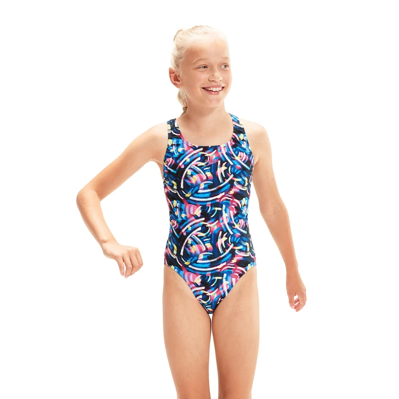 Speedo Girl's Digital Allover Leaderback Swimsuit - Black/Blue