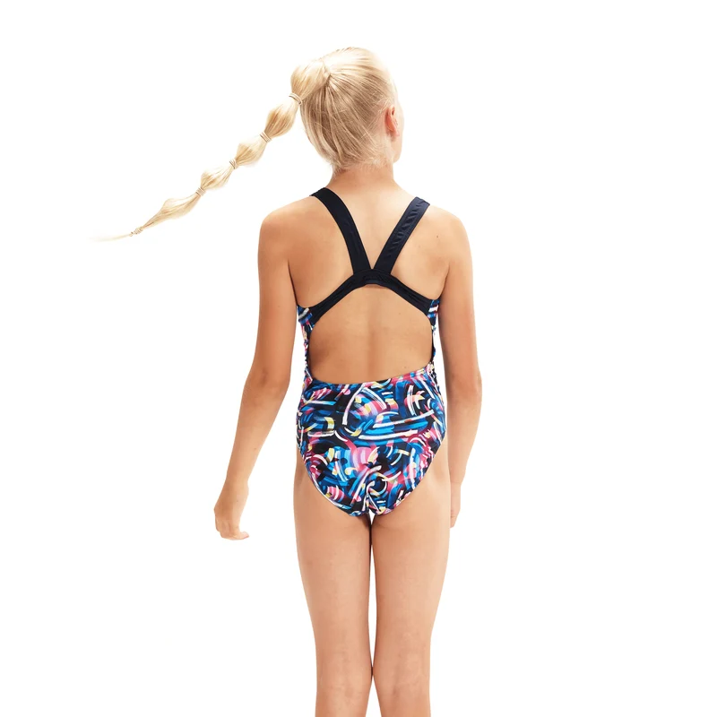 Speedo Girl's Digital Allover Leaderback Swimsuit - Black/Blue