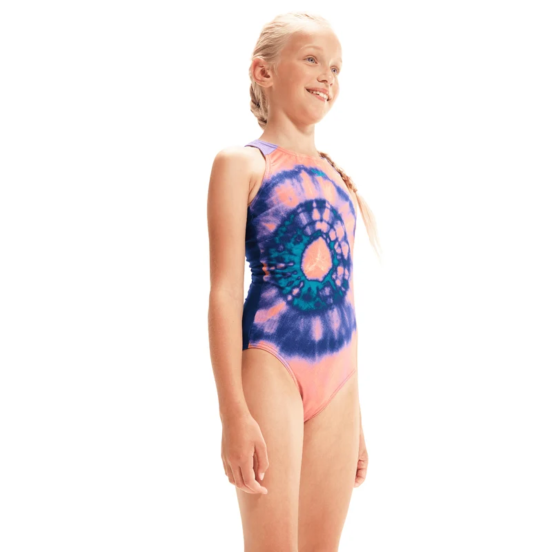 Speedo Digital Placement Pulseback Girls Swimsuit - Blue/Orange