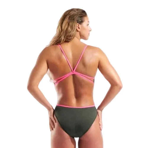 Arena Women's Team Swimsuit Lace Back Solid - Dark Sage/Pink