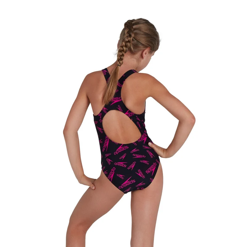 Speedo Girl's Boom Logo Medalist Swimsuit - Black/Pink