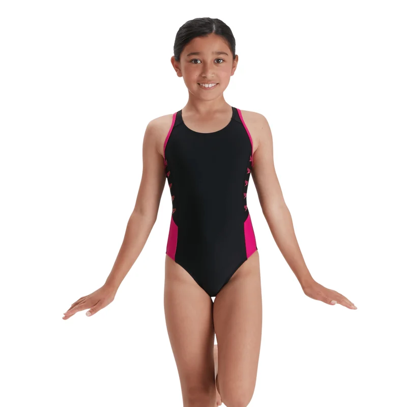 Speedo Junior Girl's Boom Logo Splice Muscleback Swimsuit - Black/Pink