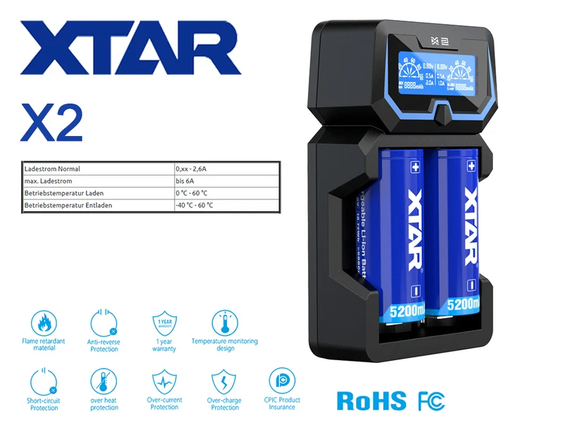 Xtar X2 Ladegerät für Lithium Ionen 3,6-3,7V und Ni/MH 1,2V Akkus