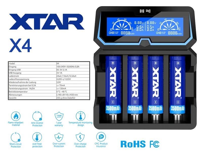 Xtar X4 Vier-Schacht Ladegerät für Lithium Ionen und Ni/MH Akkus