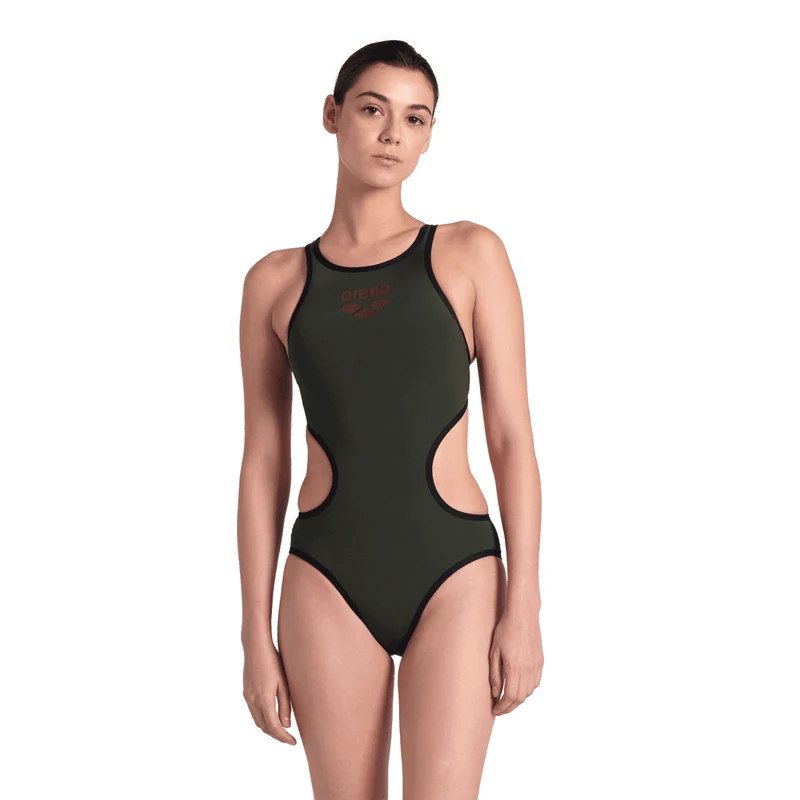 Arena ONE Big Logo One Piece Ladies Swimsuit - Dark Sage/Black