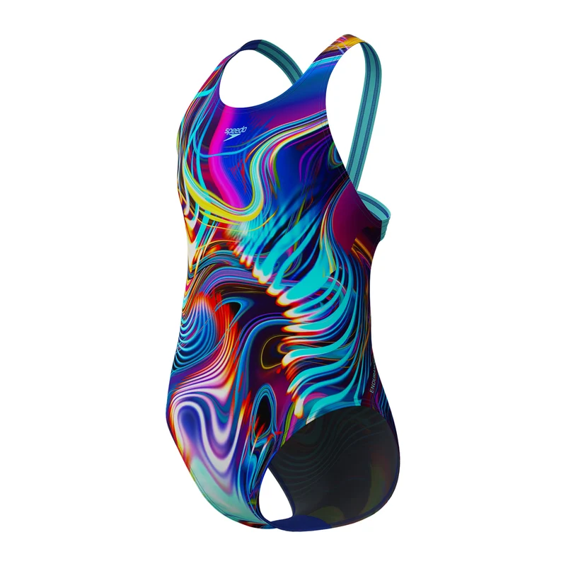 Speedo Girls' Digital Printed Powerback Swimsuit - Blue/Purple