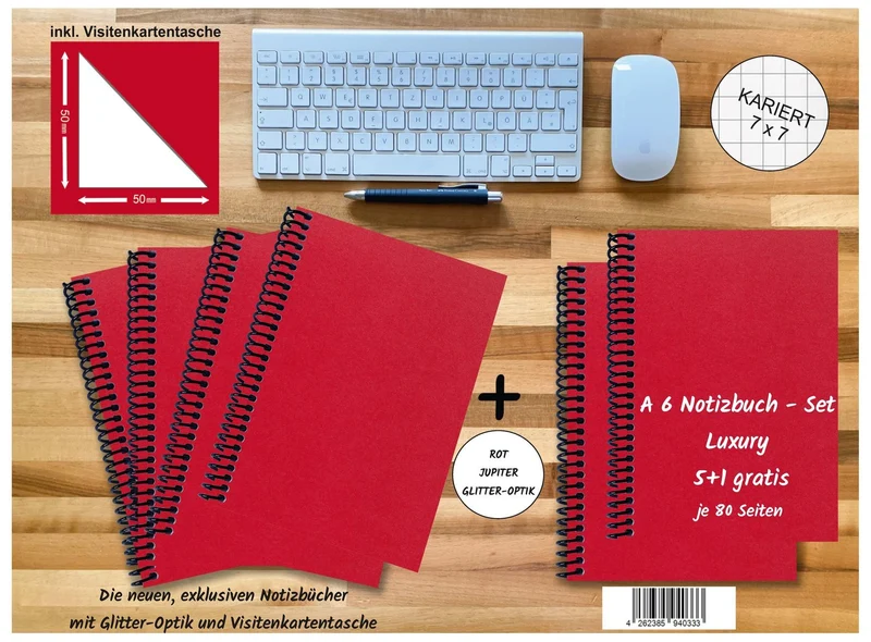A 6 Notizbuch - Set, 4+2 gratis, Luxury 80 Seiten ROT JUPITER GLITTER-OPTIK, kariert 7x7mm