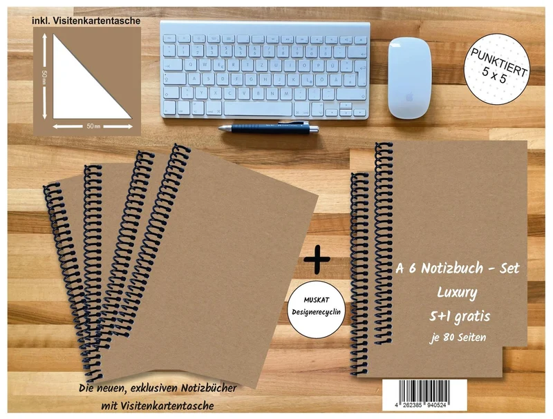 A 6 Notizbuch - Set, 4+2 gratis, Luxury 80 Seiten MUSKAT Designerecycling, punktiert 5x5mm