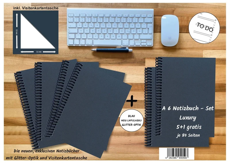 A 6 Notizbuch - Set, 4+2 gratis, Luxury 80 Seiten BLAU NEW LAPISLAZULI GLITTER-OPTIK, to do