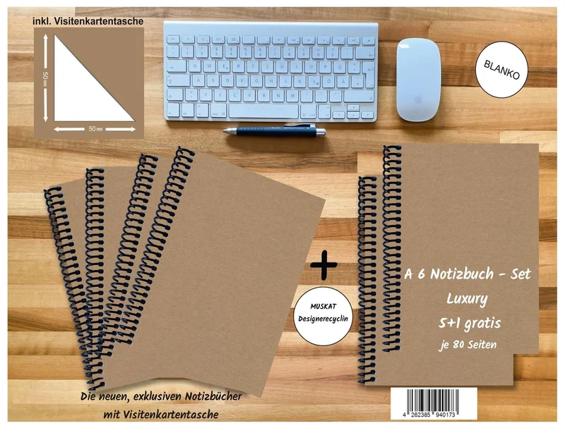 A 6 Notizbuch - Set, 4+2 gratis, Luxury 80 Seiten MUSKAT Designerecycling, blanko