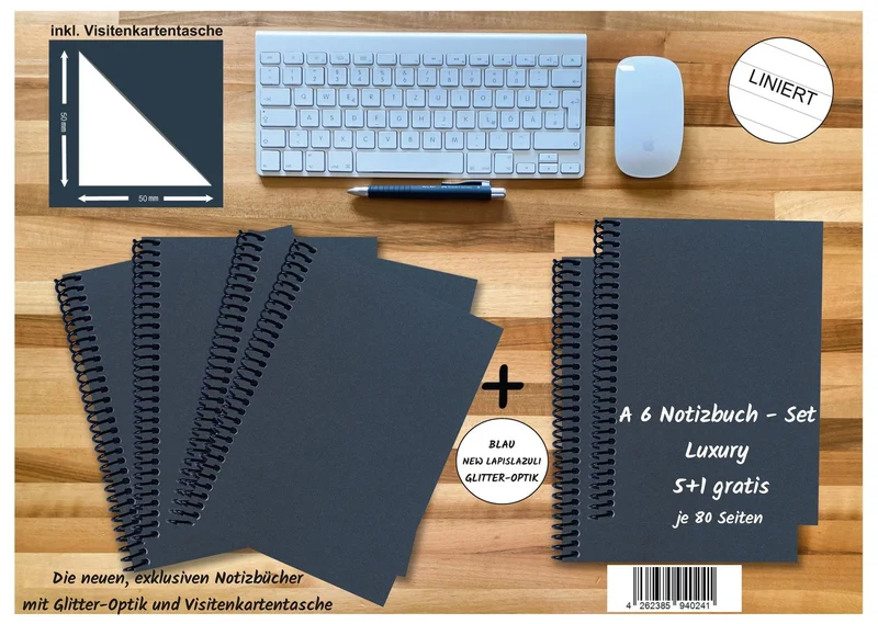 A 6 Notizbuch - Set, 4+2 gratis, Luxury 80 Seiten BLAU NEW LAPISLAZULI GLITTER-OPTIK, liniert