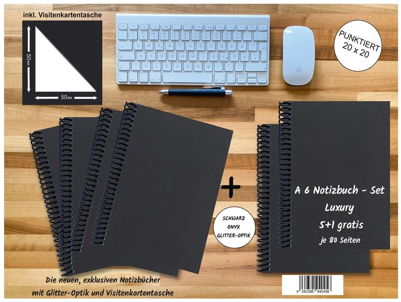 A 6 Notizbuch - Set, 4+2 gratis, Luxury 80 Seiten SCHWARZ ONYX GLITTER-OPTIK, punktiert 20x20mm