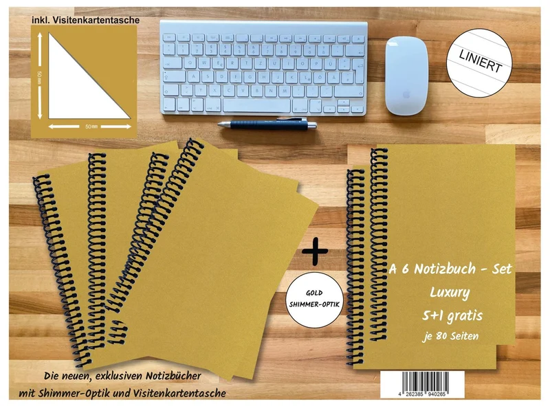 A 6 Notizbuch - Set, 4+2 gratis, Luxury 80 Seiten GOLD GMUND SHIMMER, liniert